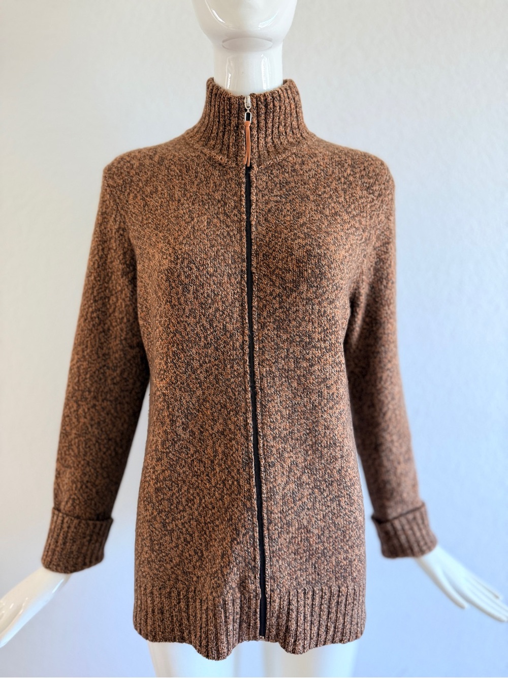 Vintage Brown Full-Zip Ribbed Mock-Neck Cardigan